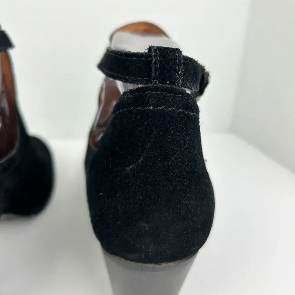 Frye Meghan Ankle Boots Black Suede Booties Cutout Strap w/ Buckle Heeled sz 9
